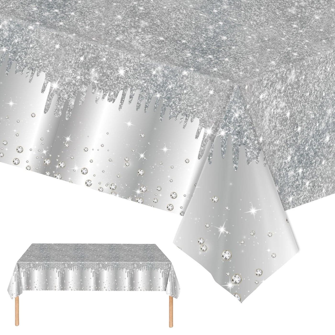 2pcs Silver Table Cloth Party Disposable Tablecloths137 x274cm Shiny Glitter Diamond Silver Party Rectangular Dining Table Cover for Baby ShowerWeddingBirthdayPrincessGirls Party Table Dcor
