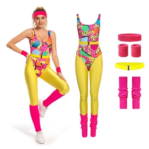COREWO 80s Workout Costume for Women Adult Aerobics Outfit Yoga Jumpsuit 90s Accessories Set Leotard Legging Headband Wristbands Leg Warmers for Retro Party