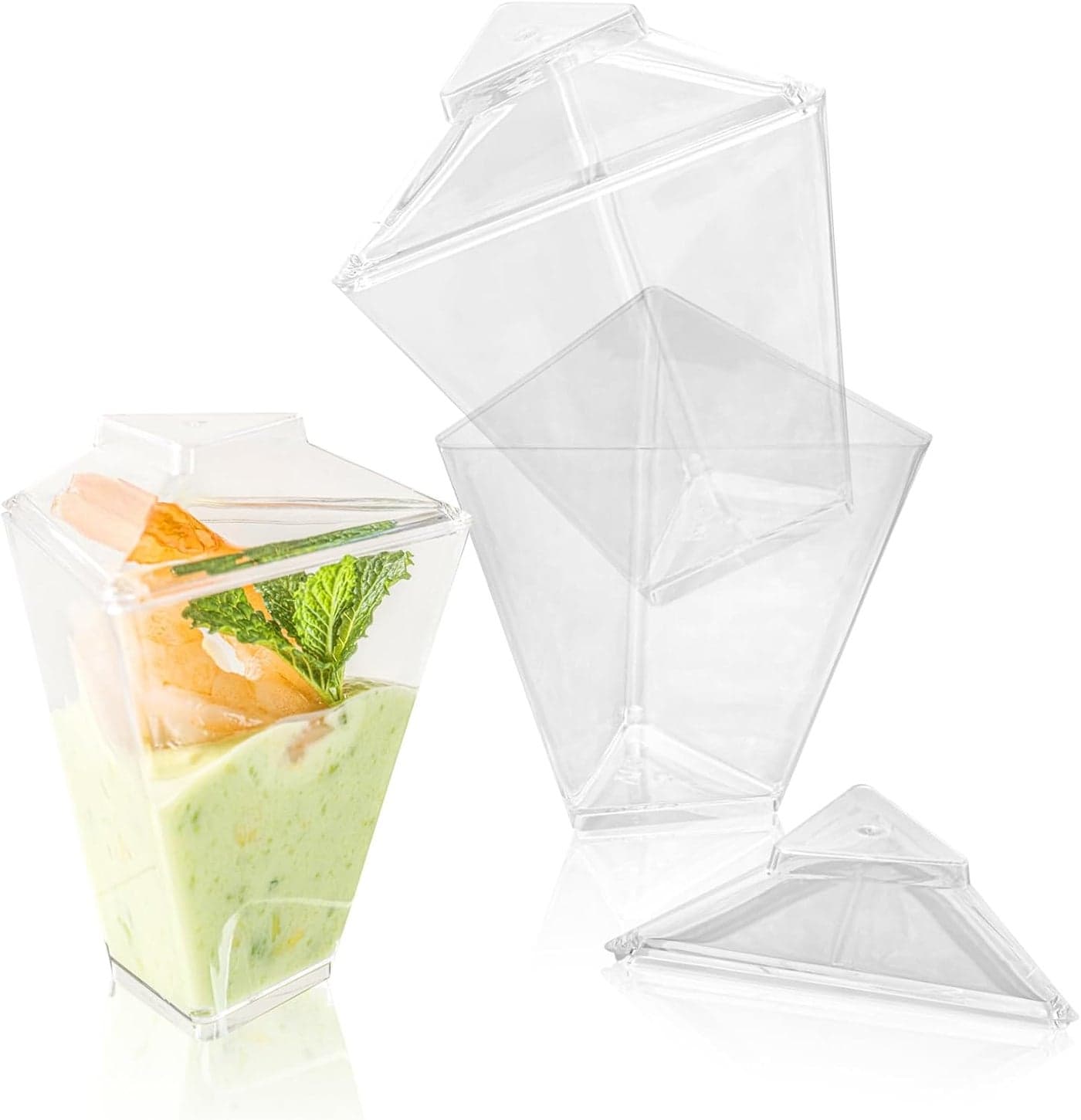Restaurantware Mini Serve 2 Ounce Tasting Cups 25 Triangular Mini Dessert Cups Disposable Stylish Clear Plastic Parfait Cups Serve Appetizers Samples Or Desserts For Buffet Events