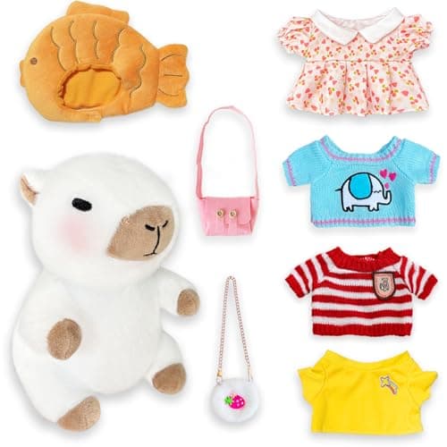 MOMIU Capybara Plush Toy with 7 Pcs Clothes Accessories Cute Capybara Stuffed Animal with Outfits White