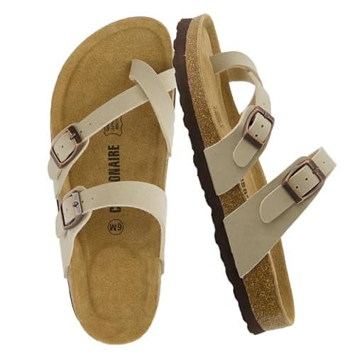 CUSHIONAIRE Luna Crossover Toe Strap Womens Sandals – Cork Footbed Slides with Adjustable Straps, Summer Sandals for Women 2025, STONE 6