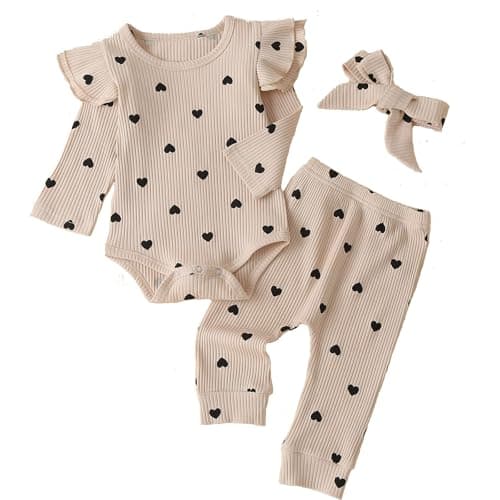 Fullfamous Infant Baby Girl Clothes Outfits,Fall Winter Romper Christmas Clothing Set 0-3 months Ecru Heart