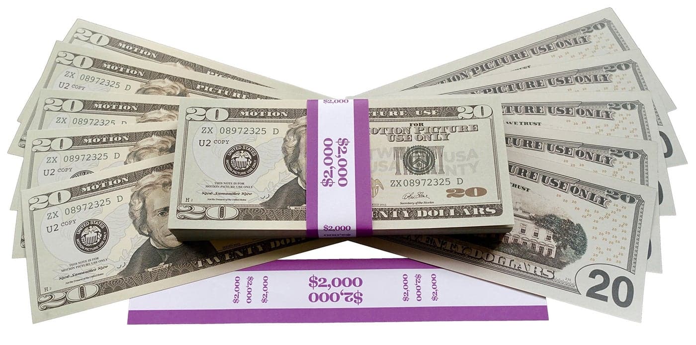 Big Screen Stacks PROP MONEY DOLLARS 2000 FULL PRINT 20 DOLLAR BILLS in Authentic Bank Strap For Movies Films Money Guns Cash Cannon Play Fake Money Partys Casino Games