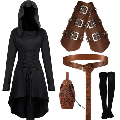 Suhine 5 Pcs Renaissance Women Costume Medieval Hooded Robe Vintage Faux Leather Arm Pouch Belt for Cosplay Party(Small,Black)