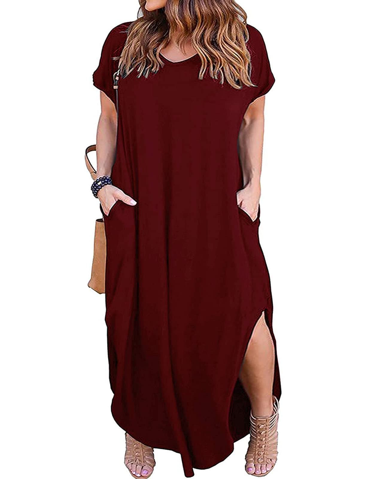 Kancystore Women's Casual Loose Pocket Long Dress Short Sleeve Plus Size Slit Maxi Dress Wine Red XL