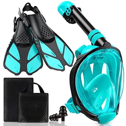 Viginsul Snorkeling Gear for Kids Full Face Snorkel Mask Adjustable Swim Fins Snorkel Set Panoramic View Snorkel Mask with Dry Top System Gear Bag AntiFog AntiLeak Green