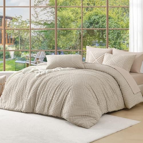 Andency Oatmeal King Size Comforter Set, 3 Pieces Boho Bedding Set & Collections, Farmhouse Tufted Fluffy Bedding Comforter Sets for All Seasons (1 Comforter 104x90In, 2 Pillowcases)