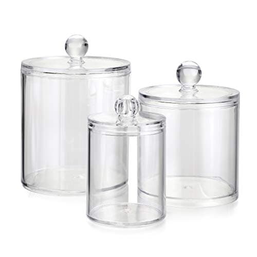 Hipiwe Set of 3 Cotton Ball and Swab Organizer With Lid - Apothecary Acrylic Jar Makeup Organizer, Q-Tips Holder, Bathroom Vanity Storage Canister for Rounds and Pads