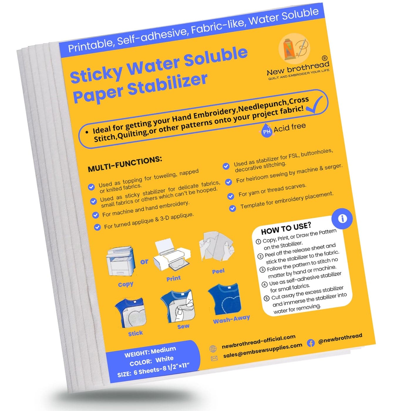 New brothread 6PCS 85x11 Sticky Water Soluble Embroidery Stabilizer Printable Paper Stabilizer Medium Weight Allowed for Print or Draw Patterns Best for Hand Machine Embroidery