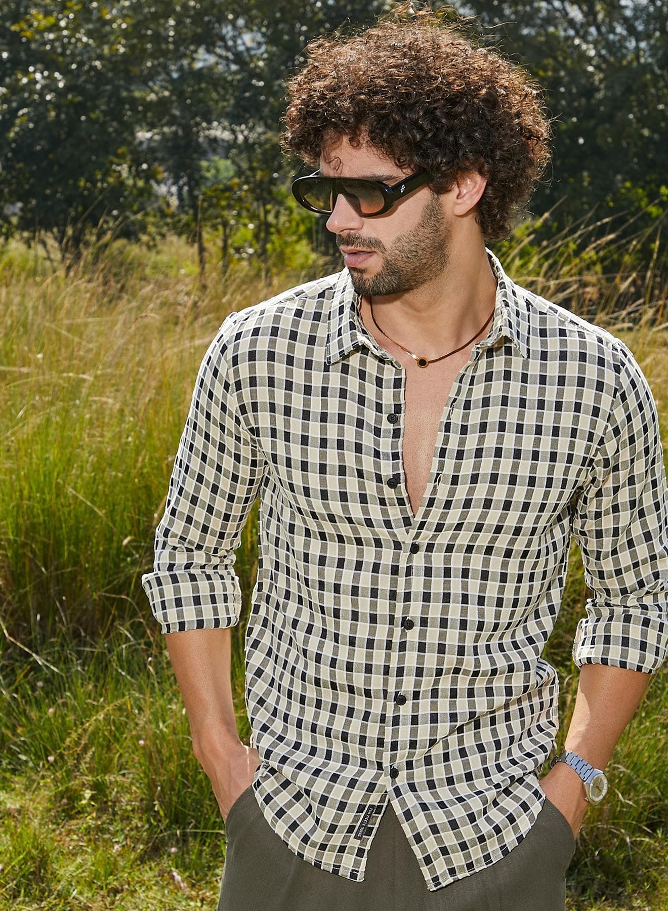 Men's Navy Blue & Cream White Glen Check Shirt
