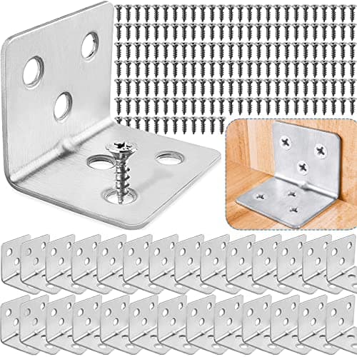 28PCS L Brackets for Wood + 168PCS Screws, Stainless Steel Corner Braces for Wooden Shelves, Heavy Duty Metal Angle Brackets