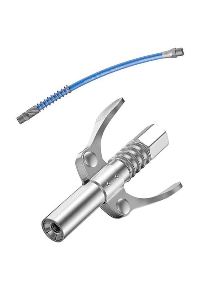 Grease Gun Coupler Grease Gun Tip Quick Lock And Release Lube Fittings Dual Handle Grease Nozzle Coupler 12000 PSI With 30Cm Hose