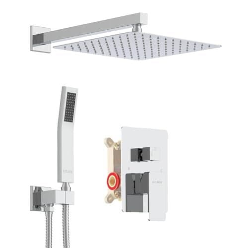 KOJOX Shower System with High Pressure 12 Inch Rainfall Shower Head, Handheld Shower head and Shower Faucet Trim, Rain Mixer Shower Set Wall Mounted Chrome(Valve Include)