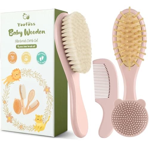 Yoofoss 4 Piece Baby Hair Brush and Comb SetWooden Baby Hair Brush with Natural Ultra Soft Goat Hair Baby Comb Set for Boy Girl Pink