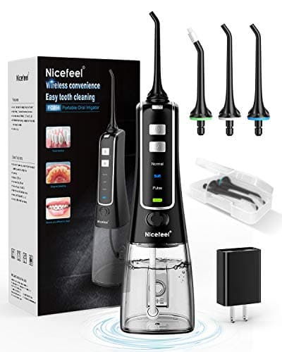 Nicefeel Cordless and Rechargeable Water Flosser 300ML Water Tank Oral Irrigator 4 Jet Tips 3 Pressure Modes IPX7 Waterproof and Travel Friendly for Dental Care