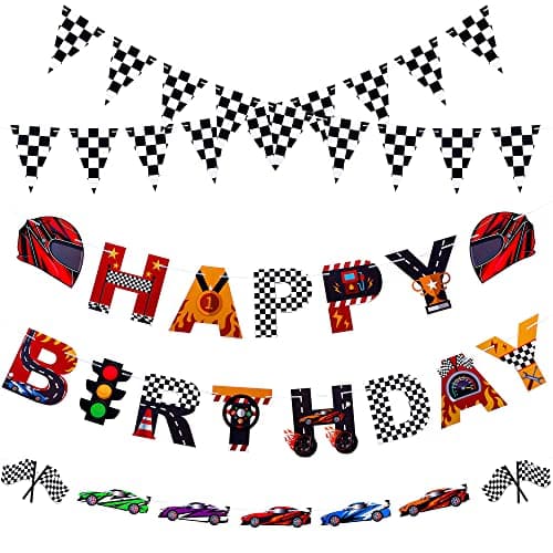 Set of 5 Race Car Party Banners Happy Birthday Paper String Banners Car Theme Garlands Banner Checkered Flag Pennants for Birthday Party Supplies Photo Props Wall Decor