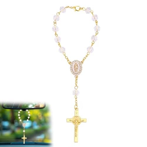 Rosary for Car Mirror Hanging Stylish Car Rear View Mirror Accessories Catholic Rosary Hanging Ornament for Wedding Transparent