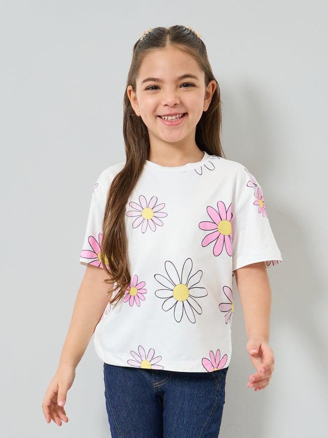 Girls Floral Print Regular Fit T-Shirt