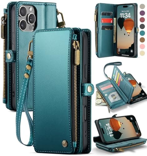 Defencase Compatible with iPhone 16 Pro Max Case Wallet with RFID Blocking Card Holder for Woman PU Leather Magnetic Snap Flip Zipper Strap Wallet Phone Case for iPhone 16 Pro Max 69 Blue Green