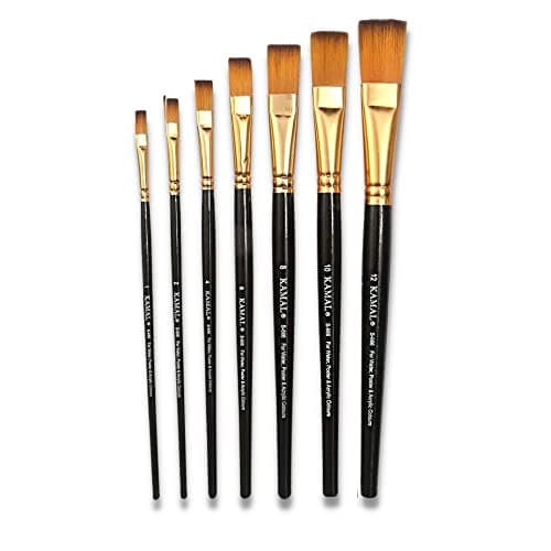 KAMAL Flat Golden Black Artist Painting Brush Taklon/Synthetic Brush for Oil, Nail, Artist Acrylic Painting ,Set of 7(Wooden Handle ,Synthetic Bristles)