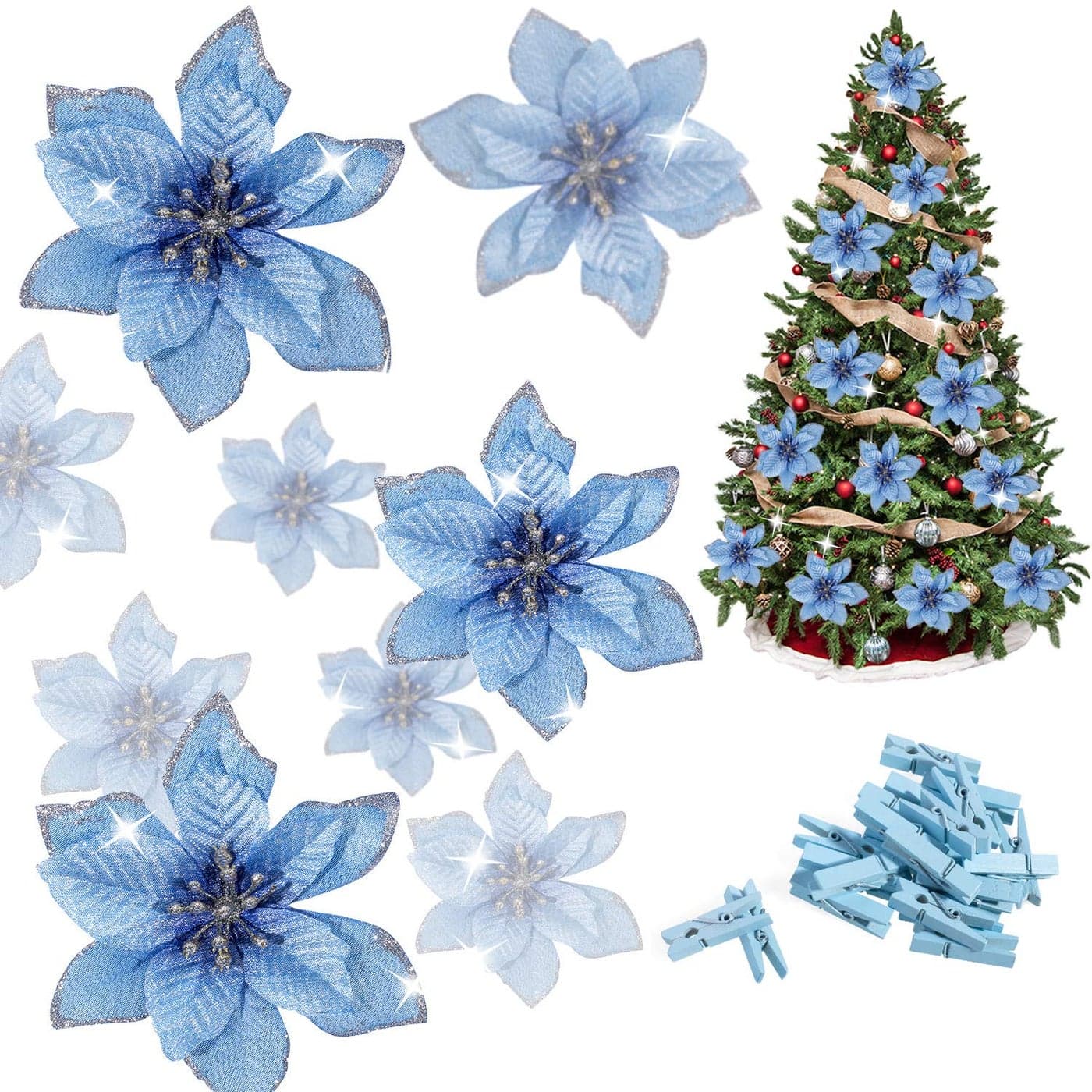 Whaline 24 Pcs Blue Poinsettia Artificial Christmas Flowers with 24 Pack Clips Glitter Christmas Tree Ornaments Xmas Wedding Party Decor 13 x 13 cm