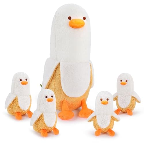 Auspicious beginning 5 PCS Banana Duck Plush Stuffed Animal Family, 20'' Cute Banana Duck Mommy with 4 Baby Plushies Kawaii Plush Toy Birthday Gifts for Kids Boys Girls