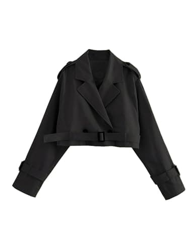 Xiaoxuemeng Womens Cropped Bike Jacket Casual Double Breasted Trench Coat with Belt BlackS
