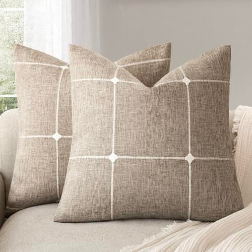 Foindtower Pack of 2 Decorative Faux Linen Jacquard Check Throw Pillow Covers Farmhouse Cushion Cover with Grid Textured Accent Pillowcase for Couch Sofa Living Room Home Decor,20×20 Inch,Oatmeal