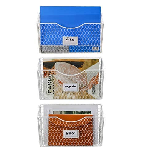 PAG 3 Pockets Hanging File Holder Wall Mount Mail Organizer Metal Chicken Wire Magazine Rack with Tag Slot White