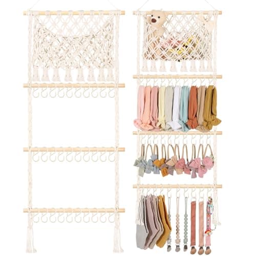 POVETIRE Headband Holder Hair Bow Organizer for GirlsMacrame Bow Holder Hair Accessories Organizer Storage Large Capacity Wall Hanging for Toddler Girl Nursery Room Decor