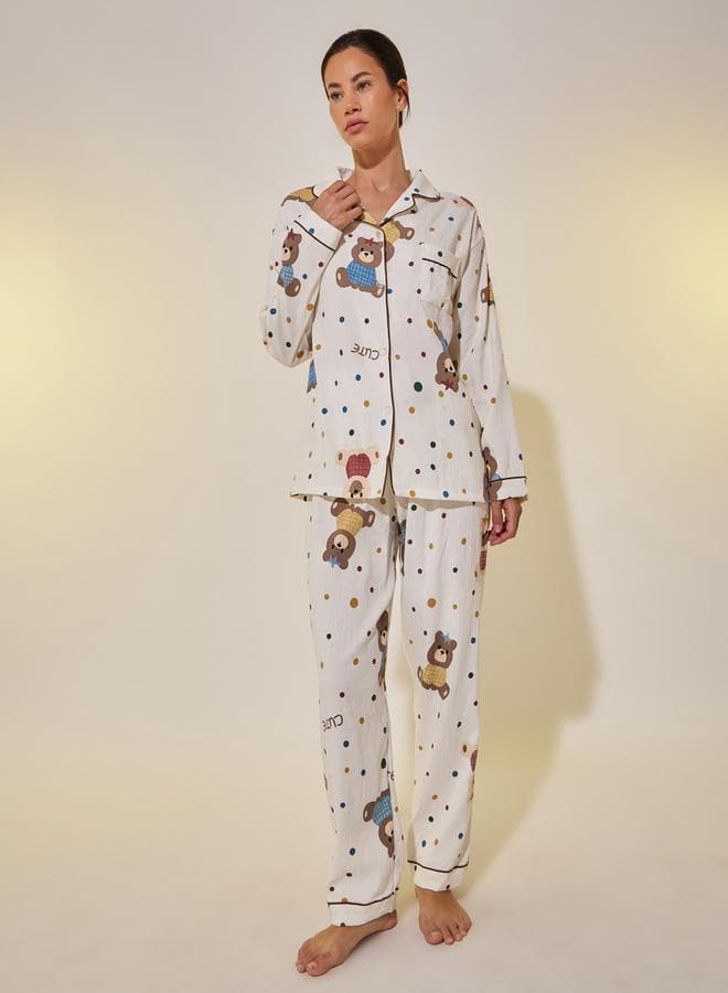 Bear Print Long Sleeve Shirt And Pyjama Set