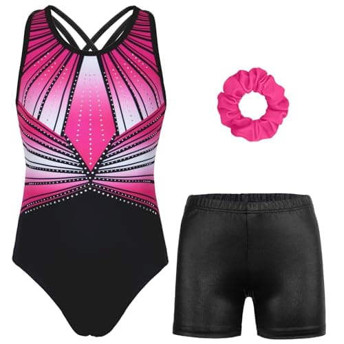 MODAFANS Gymnastics Leotards for Girls with Shorts Sparkly Ballet Dance Set Cross Back Activewear 8-9Years,Magenta-black Diamond