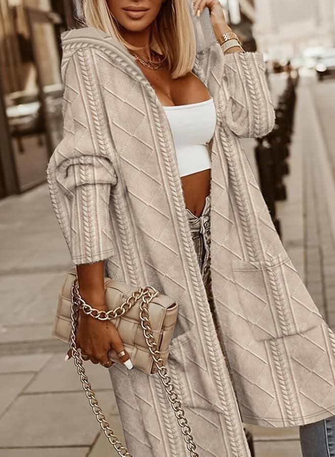 Beige Knit Midi Hoodie — L