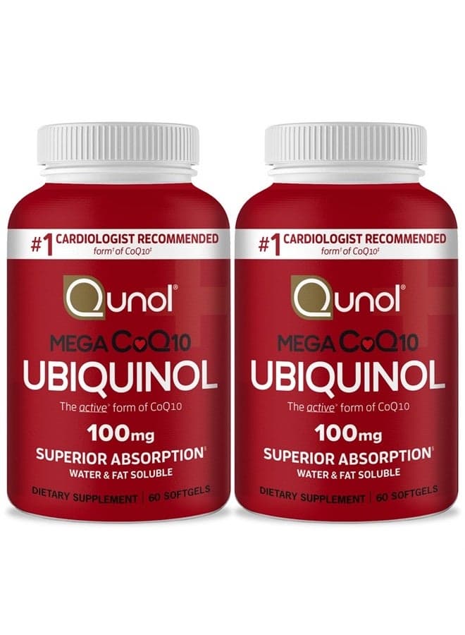Ubiquinol CoQ10 Softgels, Qunol Mega Ubiquinol 100mg - Superior Absorption Heart Health And Healthy Blood Pressure Levels, 4 Month Supply - 60 Count, Pack of 2