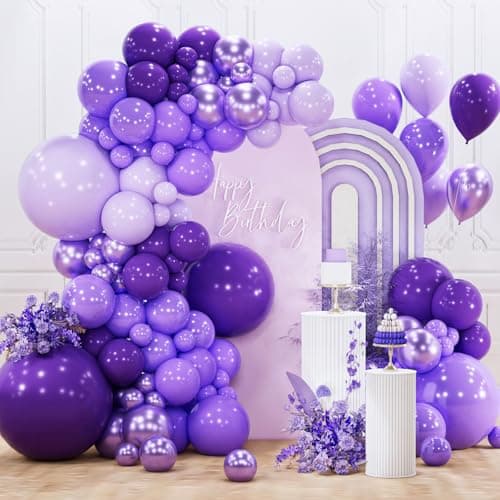 PartyWoo Purple Balloon Arch Kit Garland 142pcs Different Sizes of 18 12 10 5 Inch Dark Royal Light Pastel Metallic Purple Lilac Balloons for Baby Shower Princess Birthday Butterfly Party Decorations