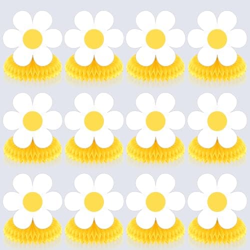 12Pcs Yellow White Daisy Party Decorations Daisy Flower Honeycomb Centerpieces Groovy Hippie Boho Table Topper Decorations for One Two Birthday Baby Shower Hippie Retro Spring Floral Party Supplies
