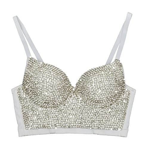 ELLACCI Women's Rhinestone Diamond Push up Bustier Crop Top Sexy Punk Corset Bra White Large