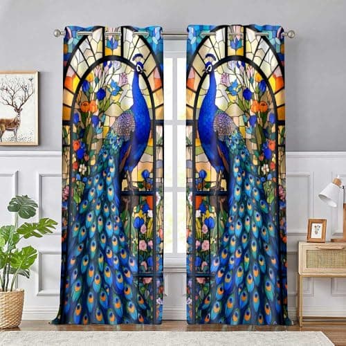 Blue Peacock Blackout Curtains Stained Glass Gorgeous Bird Feather Colorful Floral Curtains for Bedroom Living Room Thermal Insulated Window Drapes 42x84 Inch, 2 Panels