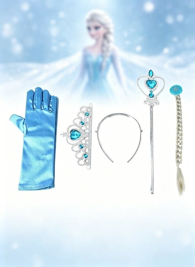 Elsa Princess Role Play Dress Up Accessories Set for Girls - Blue Satin Gloves, Rhinestone Crown Hairband, Magic Wand & Braided Wiglet, Frozen Themed Birthday Party Costume Props