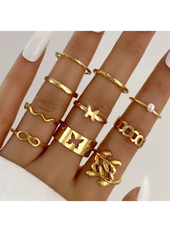 Trendy Gold Color 10-Pcs Women's Fashion Ring Set