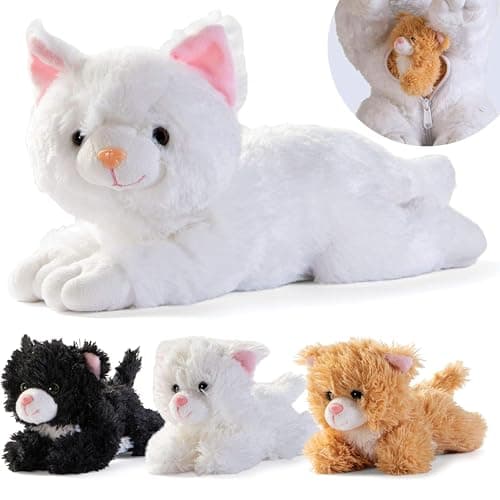 PREXTEX Plush Cat Toys Stuffed Animal with 3 Cats Baby Stuffed Animals Big Cat Zippers 3 Little Plush Baby Kittens Animal with Babies Gift for Cats Lovers