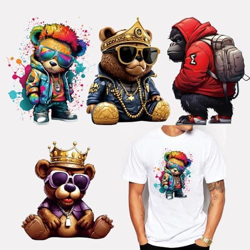 Graffiti Bear Iron on Transfers Decals Urban Cartoon Animal Vinyl Heat Transfer Patch Ready to Press for Street Wear TShirts