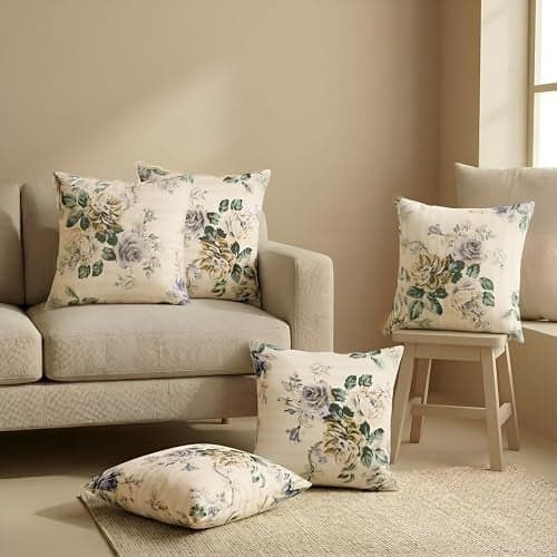 Clasiko Cotton Cushion Covers 16x16 – Set of 5 Decorative Cushion Covers, Lilac Fleur, Soft Cotton, Hidden Zip, Sofa & Bedroom Décor