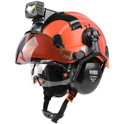 GREEN DEVIL Hard Hat Safety Helmet with Rechargeable Headlamp Light and Visor Ear Muffs Vented Work Hardhat ANSI Z89.1 Cascos De Construccion for Industrial Construction Forestry