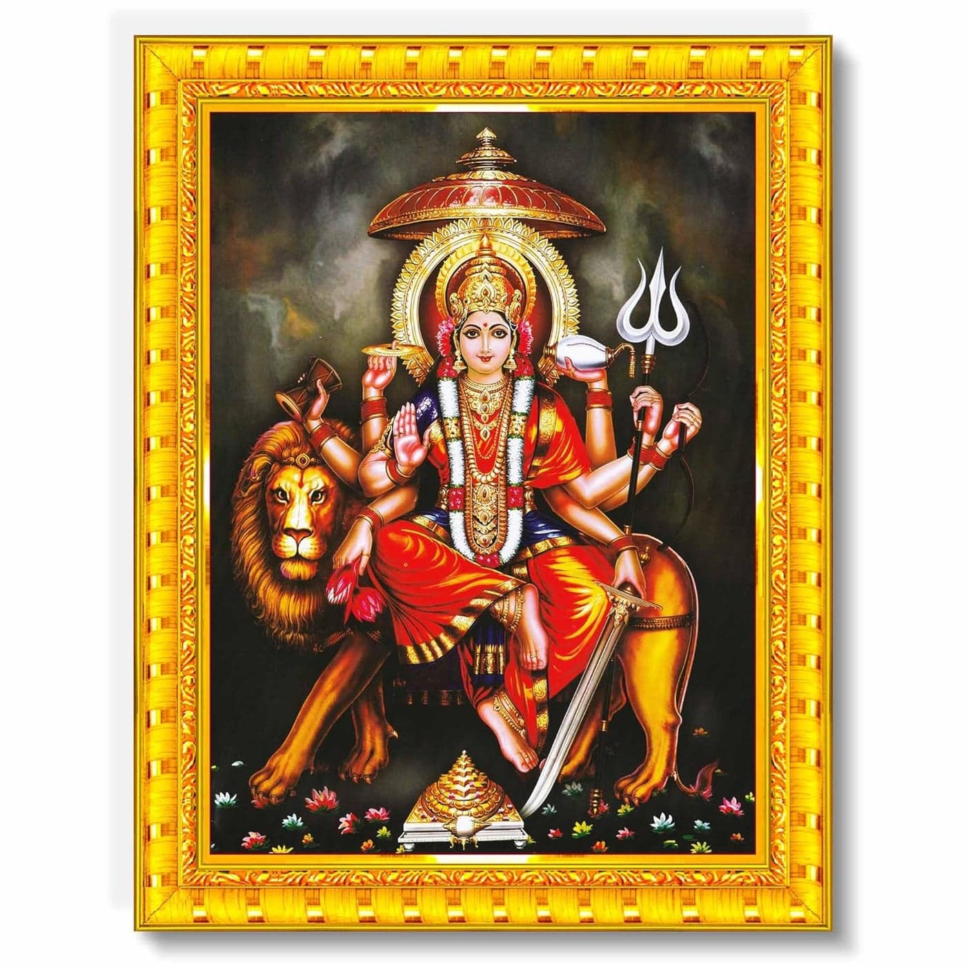 Pavan Photo Laminations Durga Devi Maa Mata Goddess Durgai Amman Ambe Wall Painting Framed Home Decor WoodMatteGoldBig Size10 x 12 Inch R1176M