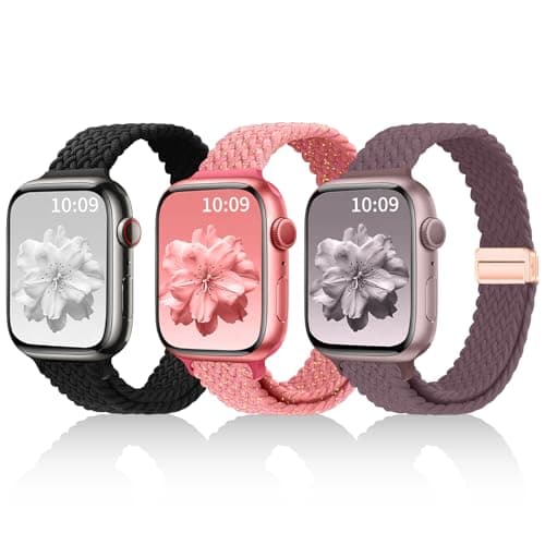 3 Pack Slim Braided Stretchy Bands Compatible with Apple Watch Band 38mm 40mm 41mm 42mm 44mm 45mm 46mm 49mm Women Men, Thin Nylon Magnetic Strap Bands for iWatch Series 10/9/8/7/6/5/4/3/2/1/SE Ultra