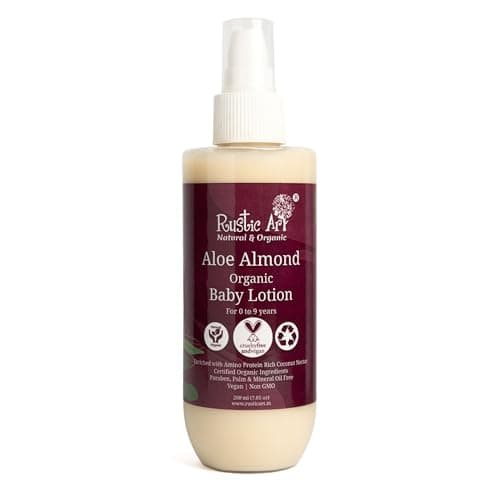 Rustic Art Organic Aloe Almond Baby Lotion | Enriched with Coconut Nectar & Coconut Milk | 0-9 Years | Gentle Daily Moisturizing | 200ml