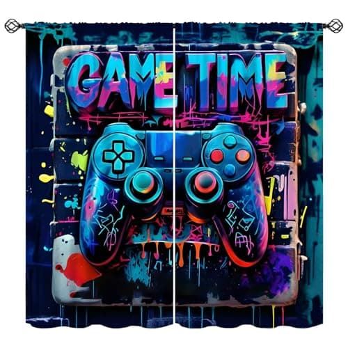 Blue Graffiti Gaming Curtains Modern Hippy Colorful Video Game Gamepad Blackout Window Treatment Blue Purple Cyan Teen Boys Men Art Bedroom Living Room Game Room Decor Window Drapes 42"W X 45"L