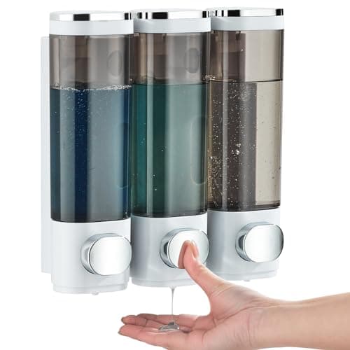 Shampoo and Conditioner Dispenser, Shower Soap Dispenser 3 Chamber No Drill Shampoo Dispenser for Shower Wall Mounted Shampoo Conditioner Body Wash Dispenser for Bathroom,Large Capacity,White