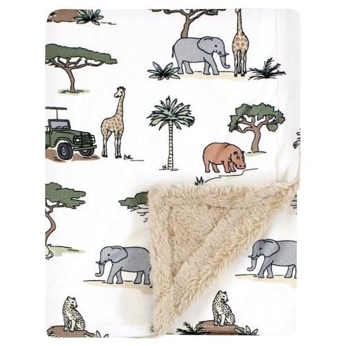 Hudson Baby Unisex Baby Plush Blanket with Furry Binding and Back Going On Safari One Size